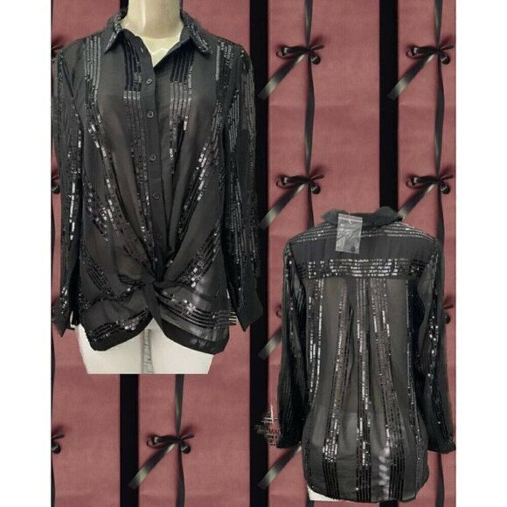 Roaman's 12W Black Sheer Sequin Collar Button Knotted Front Long Sleeve‎ Blouse